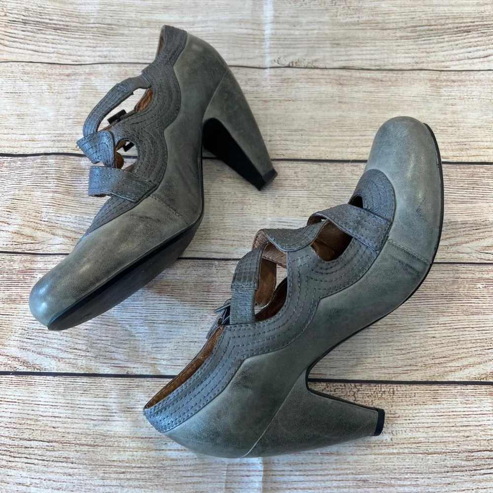 Miz Mooz Grey Leather Mary‎ Jane Pumps Strappy Cone Heels Womens 7.5